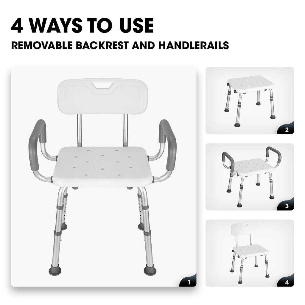 Shower Chair with Back and Padded Armrests, 6 Levels Adjustable Height L380511