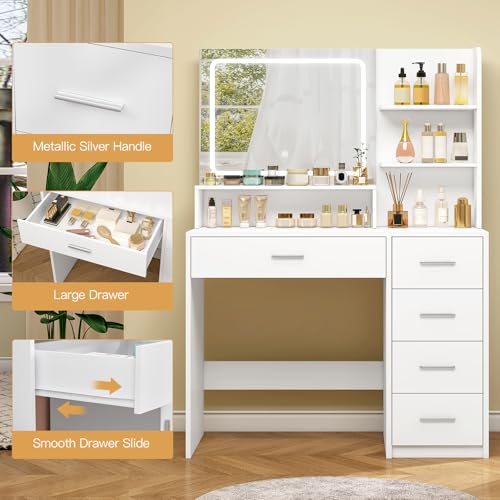 White Vanity Desk with 5 Drawers & Mirror N2134