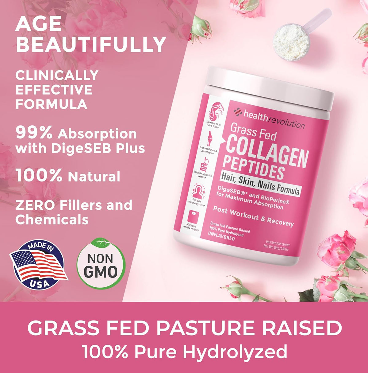Hydrolyzed Collagen Peptides Powder, Grass-Fed, Types I & III, Unflavored, 35 Servings A743
