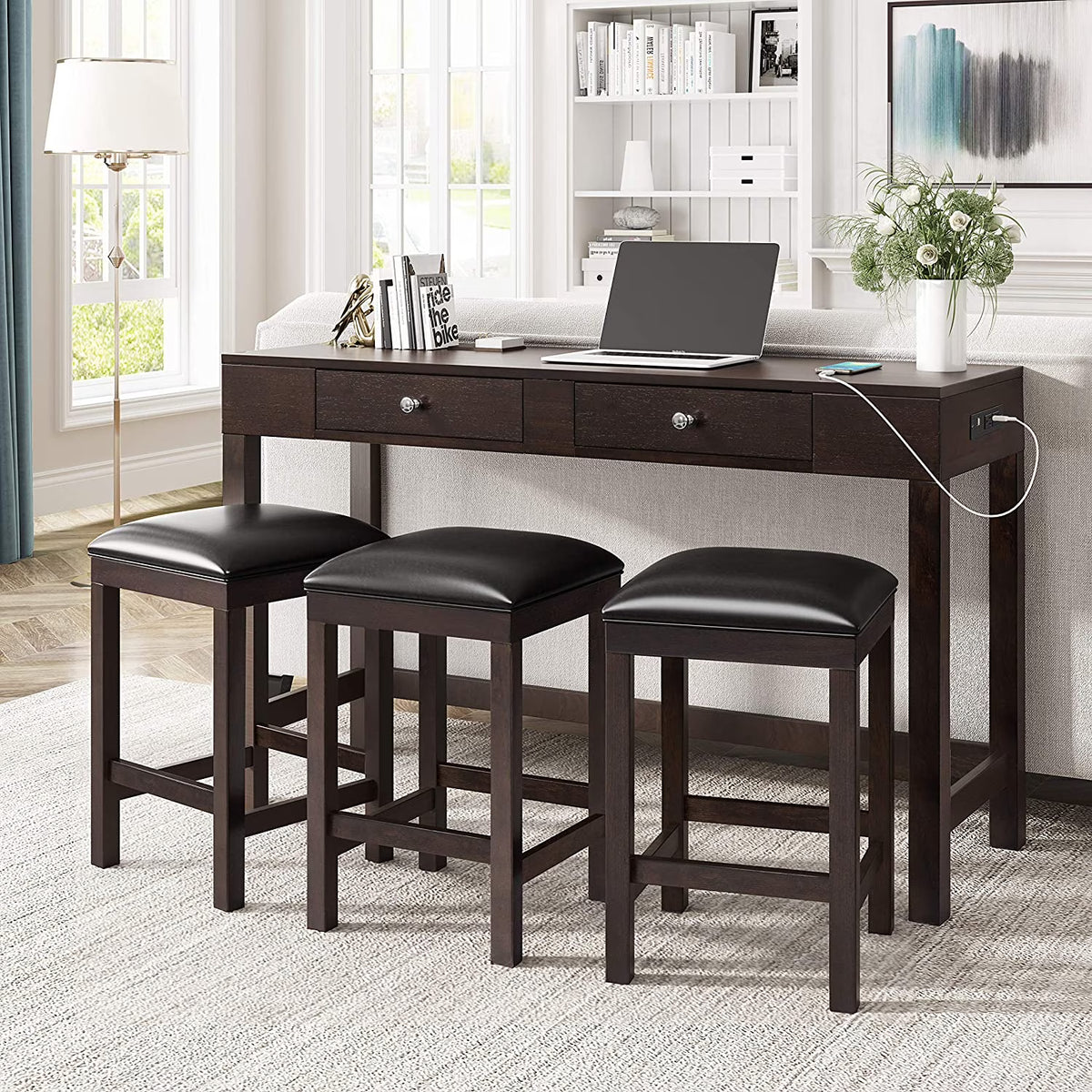 4-Piece Counter Height Dining Table Set with 3 PU Leather Padded Stools P195