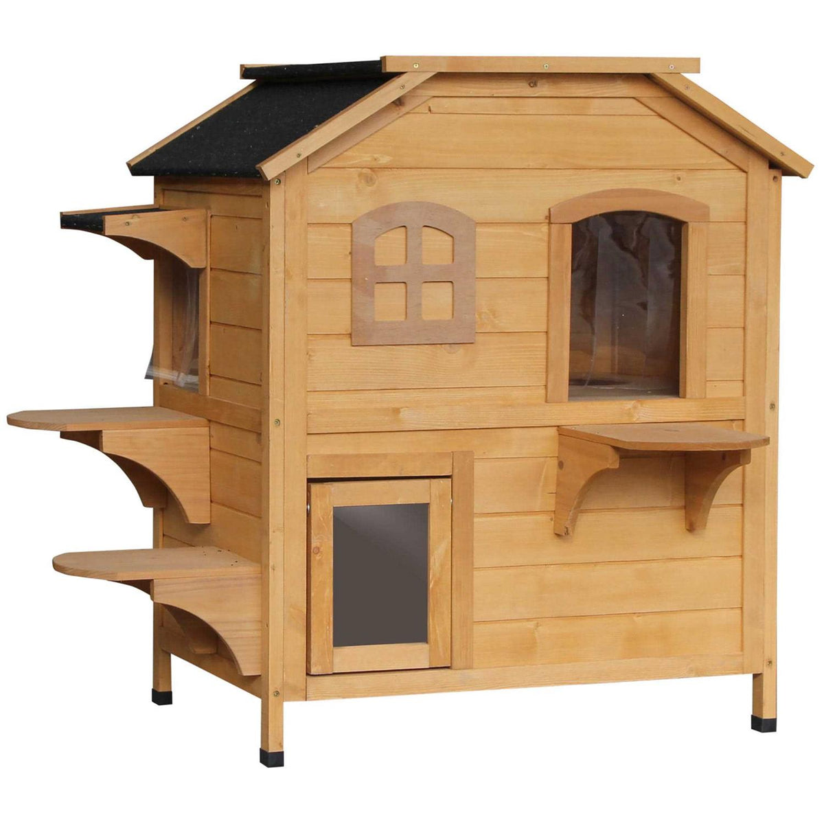 Wooden 2-Story Outdoor Cat House with Escape Door K7253