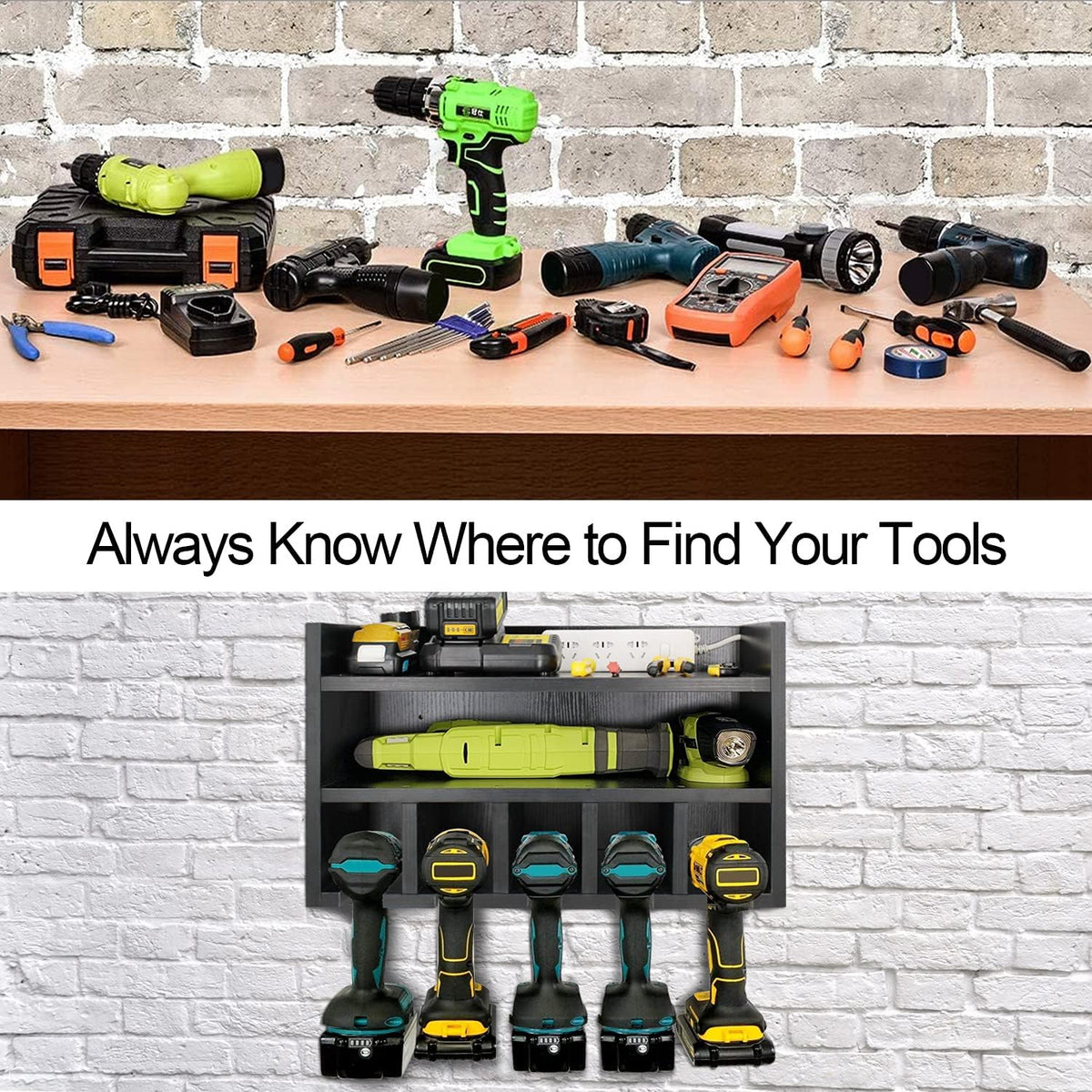 Black Pack of 2 Wooden Power Tool Organizer Wall Mount with Charging Station and 5 Hanging Slots O397