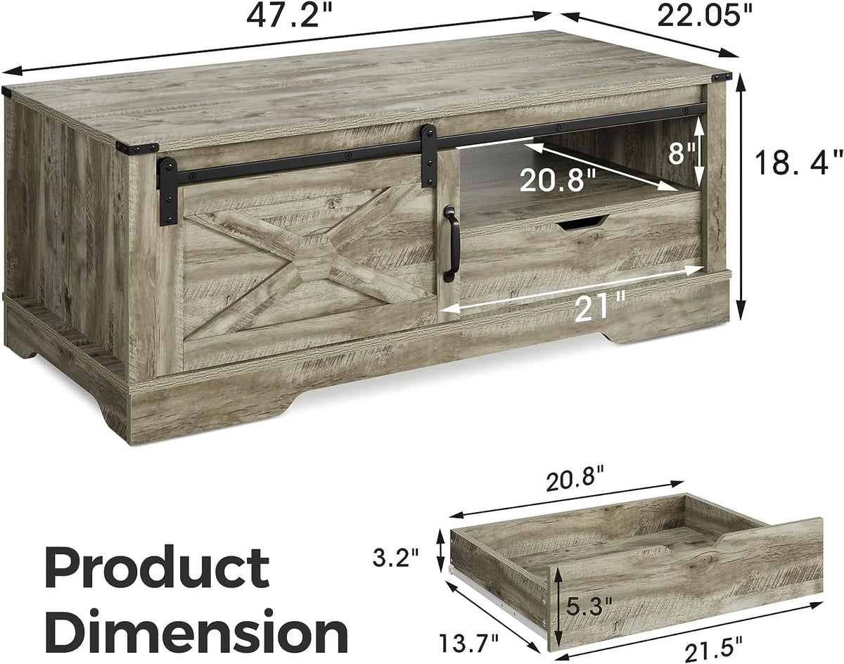 Warm Grey Rectangular Coffee Table with Storage Drawer and Sliding Barn Door D490
