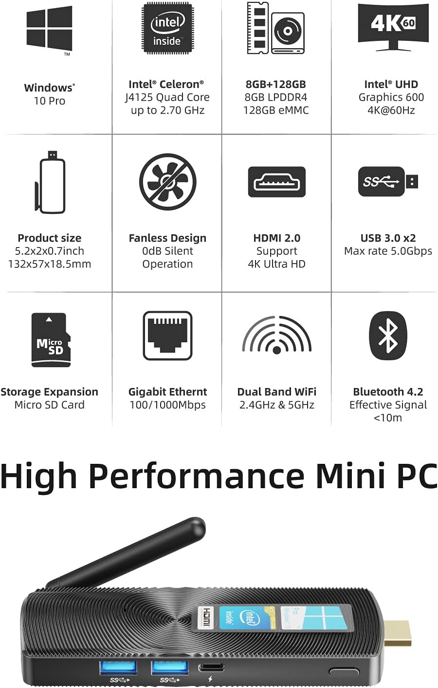 Fanless Mini PC Stick Computer J4125 8GB 128GB Win10 Pro 4K HDMI Portable Compute Stick O7610