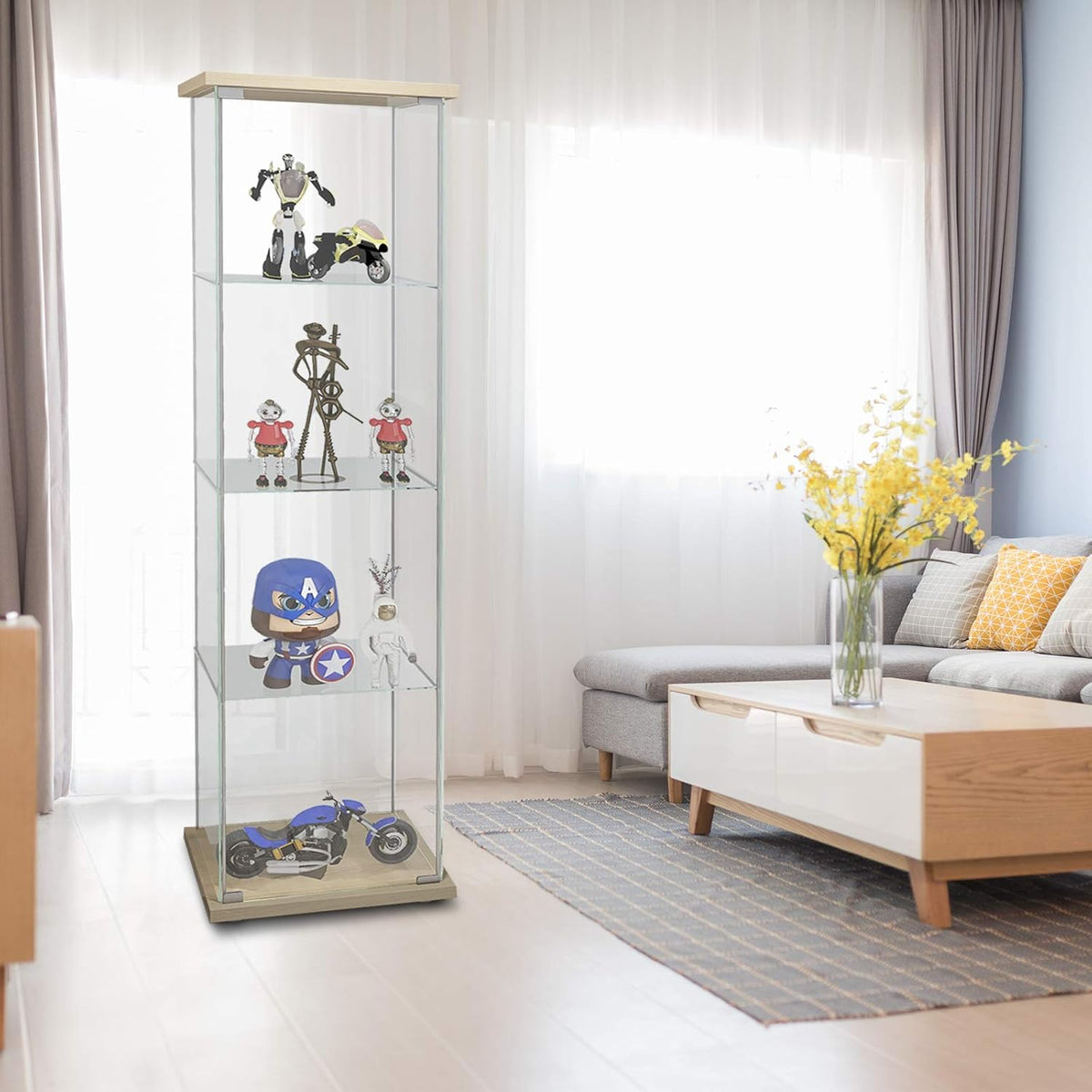Curio Cabinet with Glass Doors 4 Shelves, 64”x 17”x 14.5”, Nature Wood C76949