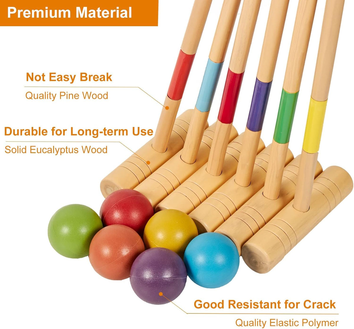 35In Six Players Croquet Set with Pine Wooden Mallets, Colored Ball, Wickets, Stakes, Large Carry Bag B318081
