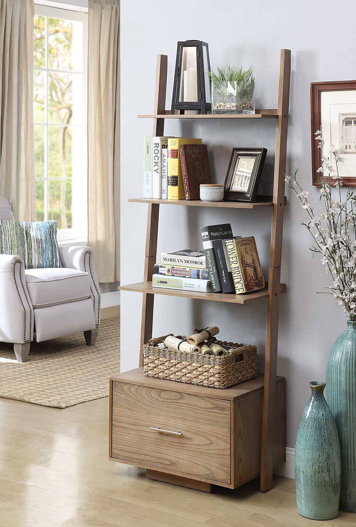 Ladder Bookcase with File Drawer, Driftwood Y750859