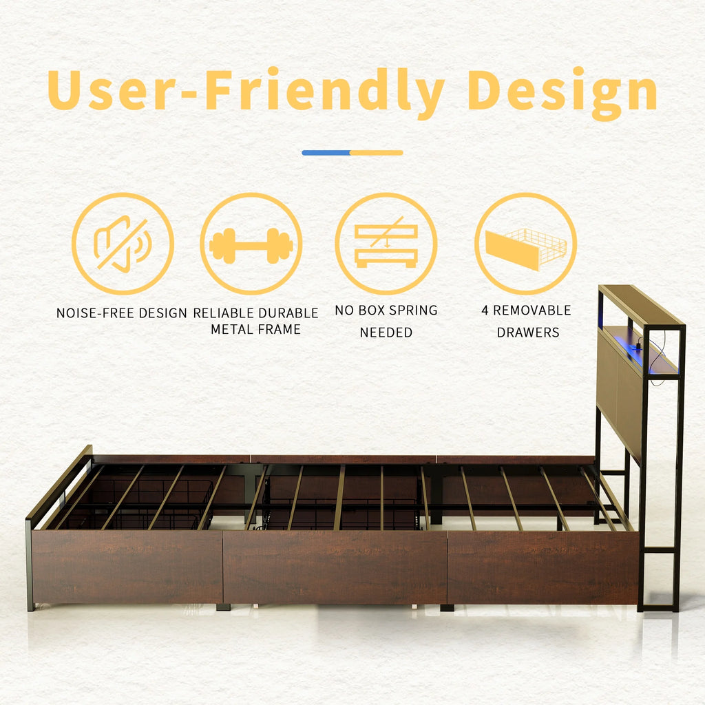 Queen Size Bed Frame with Headboard 4 Drawers LED Charging Station E78612