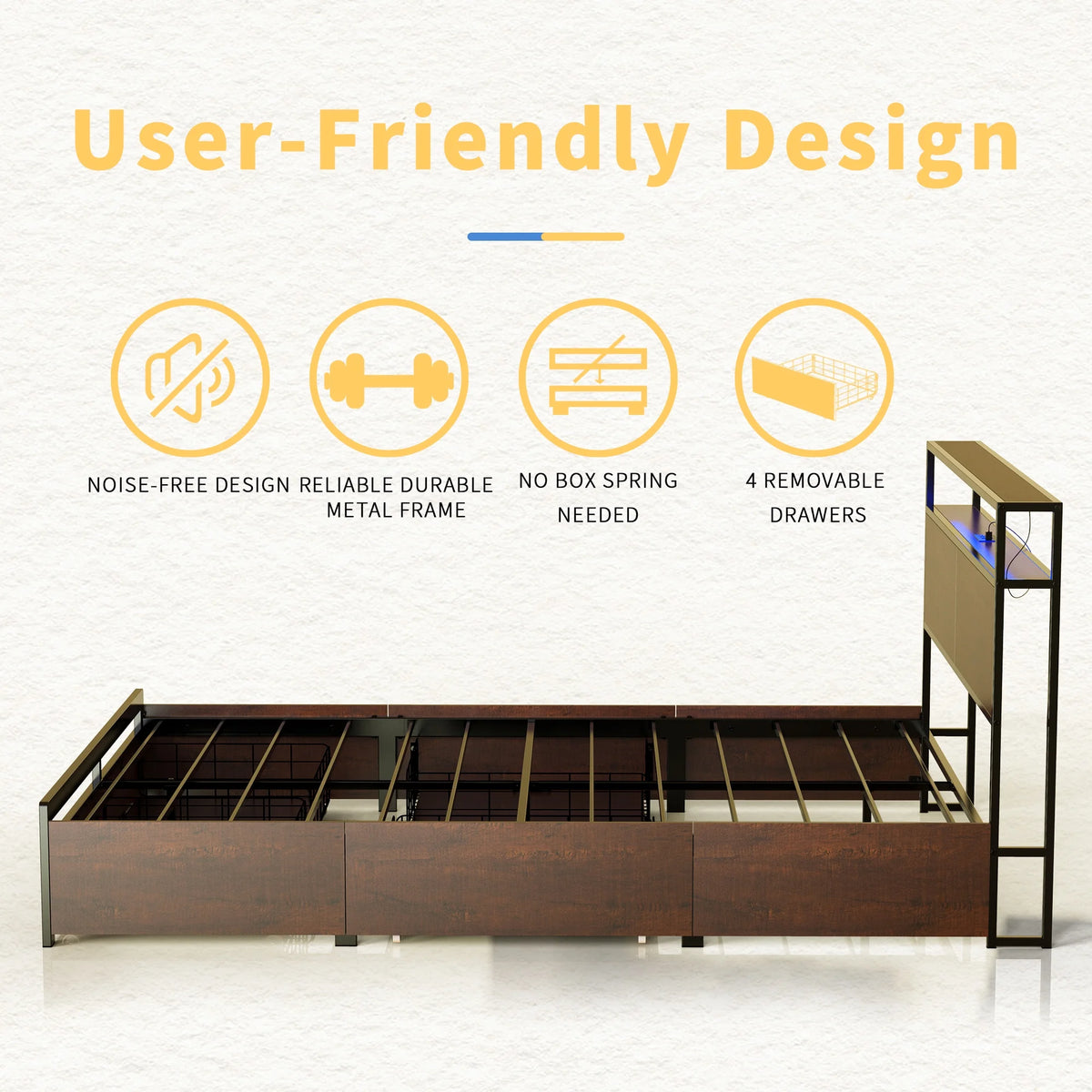 Queen Size Bed Frame with Headboard 4 Drawers LED Charging Station E78612