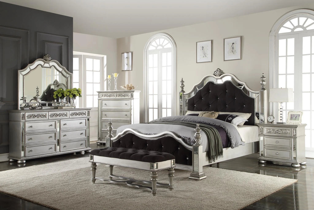 Black Silver Mirror Queen Bedroom Set 7Pcs S39102