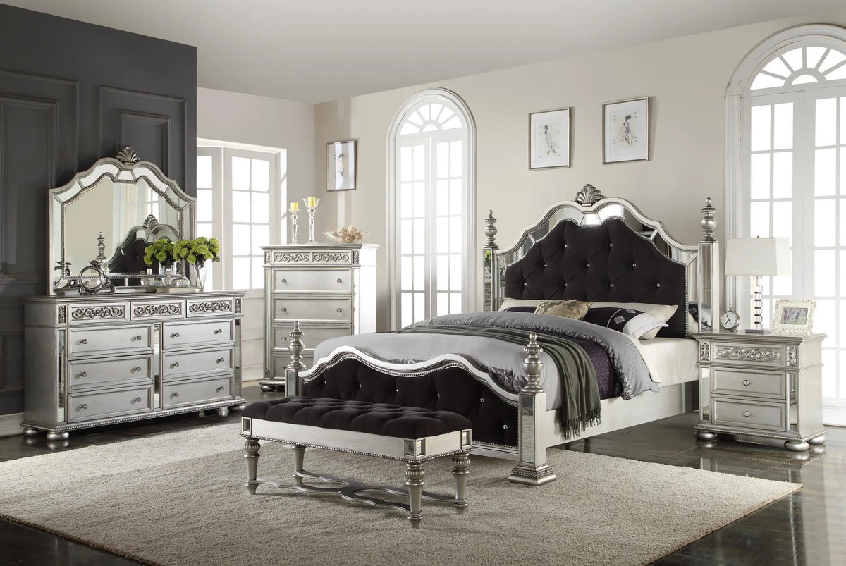 Black Silver Mirror Queen Bedroom Set 7Pcs S39102