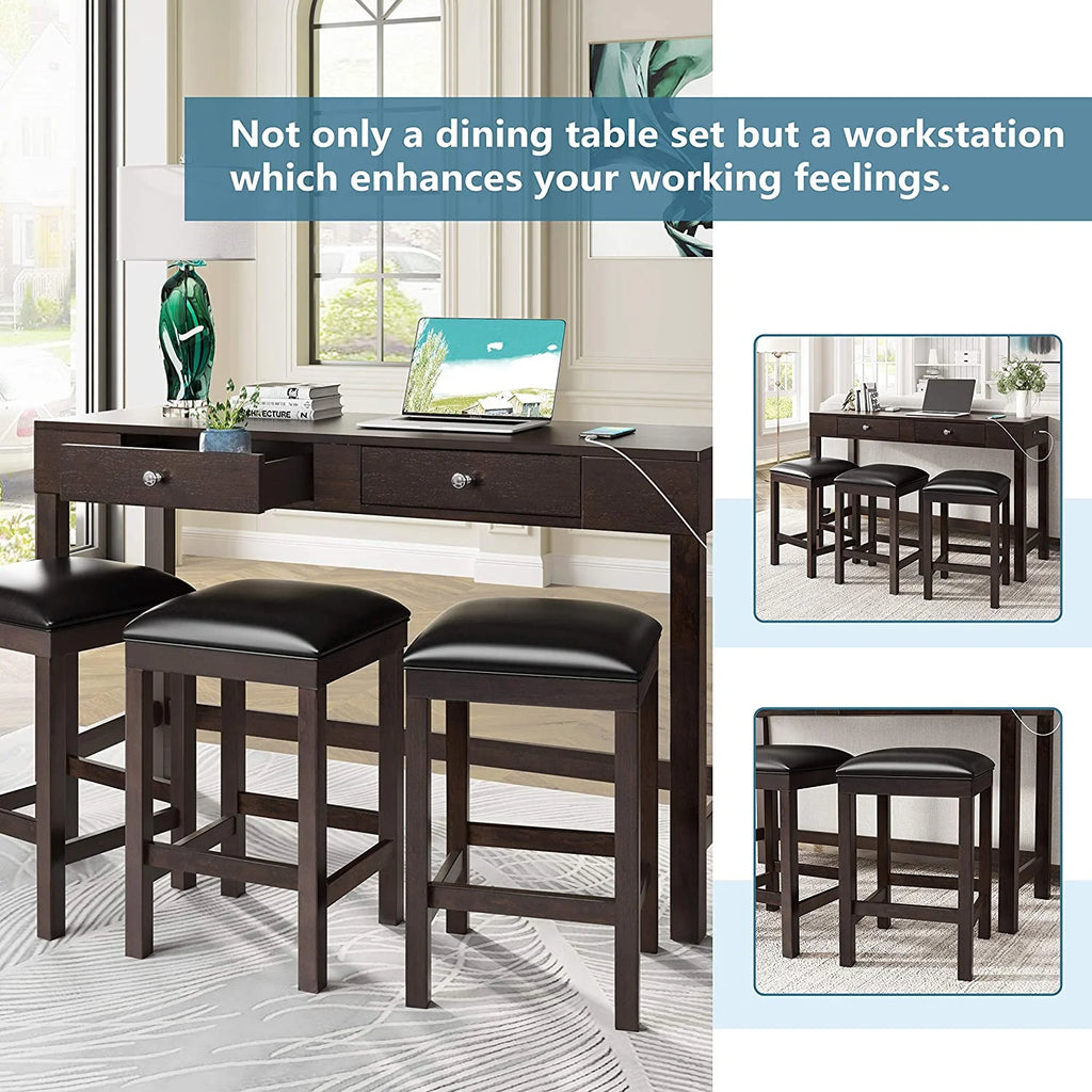 4-Piece Counter Height Dining Table Set with 3 PU Leather Padded Stools P195