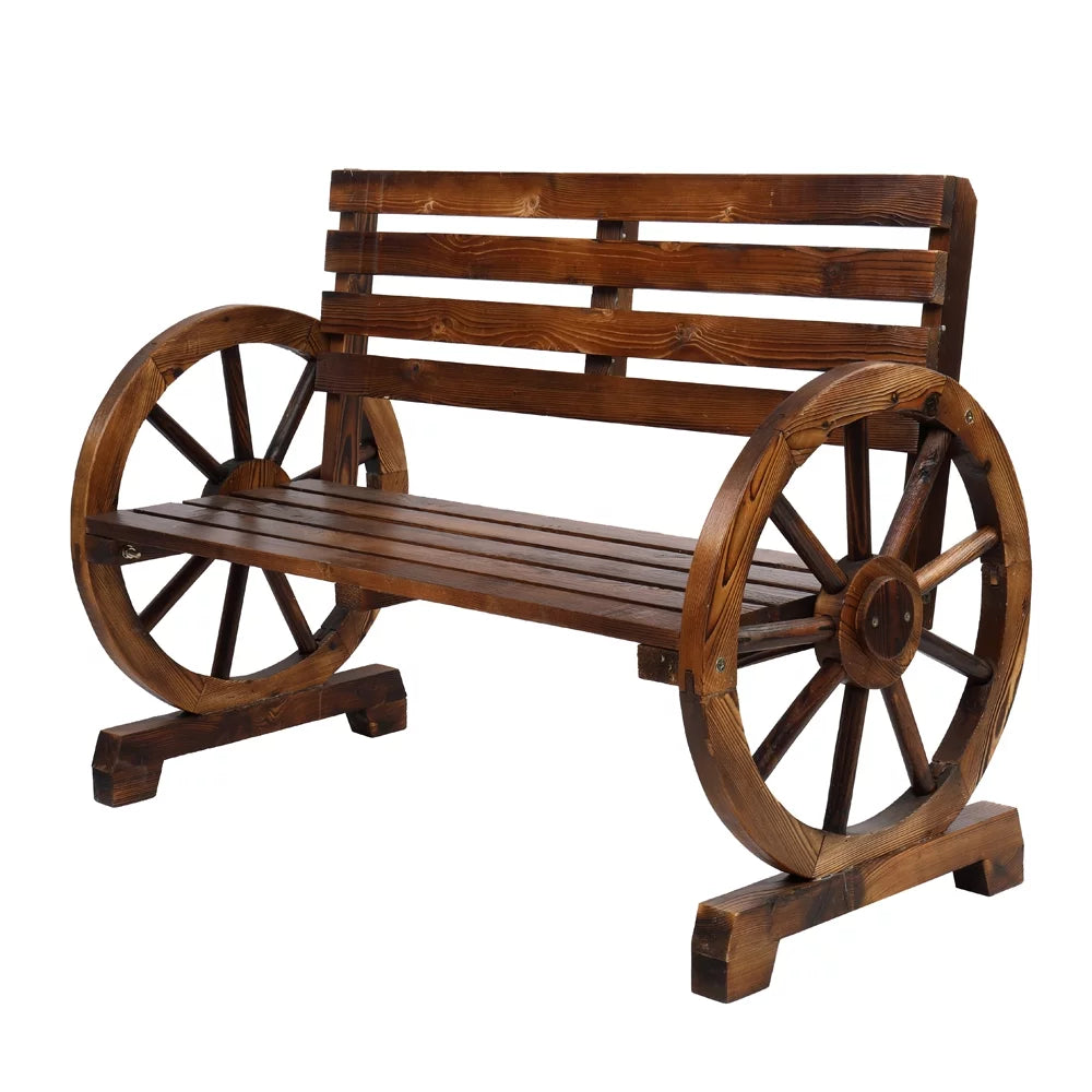 Wooden Wagon Wheel Bench with Backrest D582720