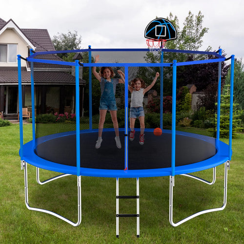 10 Feet Blue Outdoor Trampoline with Basketball Hoop and Safety Enclosure S6556