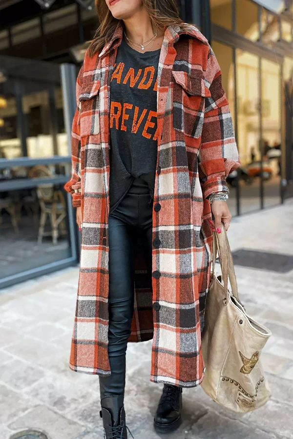 Plaid Button Pocket Shirt Collar Outerwear L9747