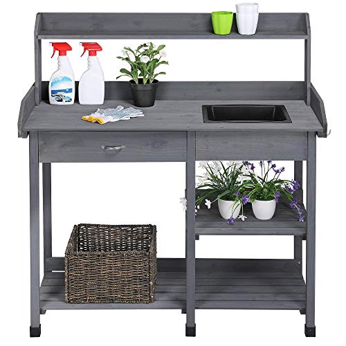 Wood Potting Bench with Sink Drawer Rack Shelves Q170756