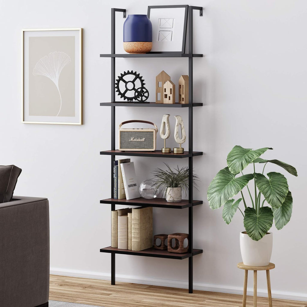 White/Gold 5-Shelf Ladder Bookcase with Metal Frame D755