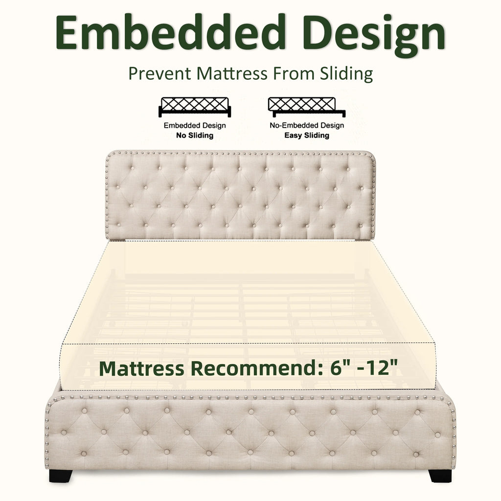 Beige Full Size Storage Bed Frame with 4 Drawers and Adjustable Headboard F734