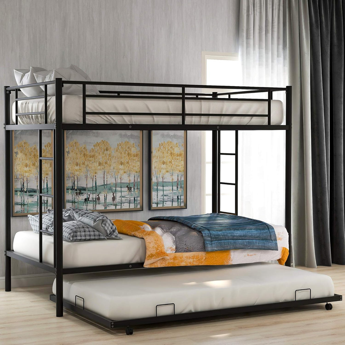 Black Twin Over Twin Metal Bunk Bed with Trundle L5215