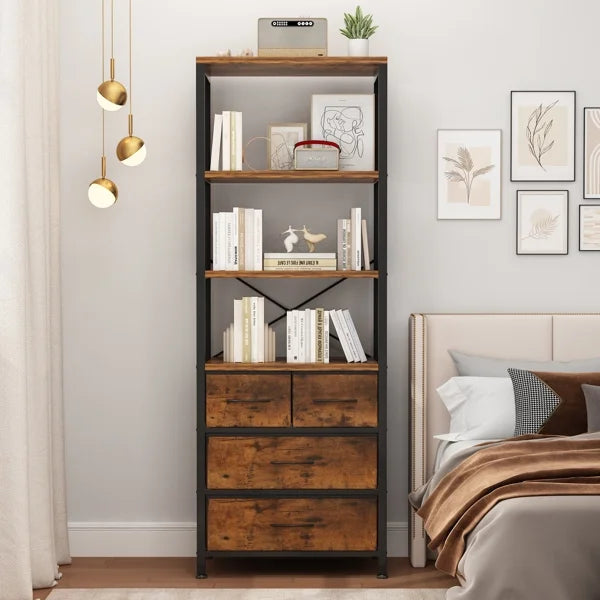 6 Layer Wood & Metal Bookshelf with Drawers J940085