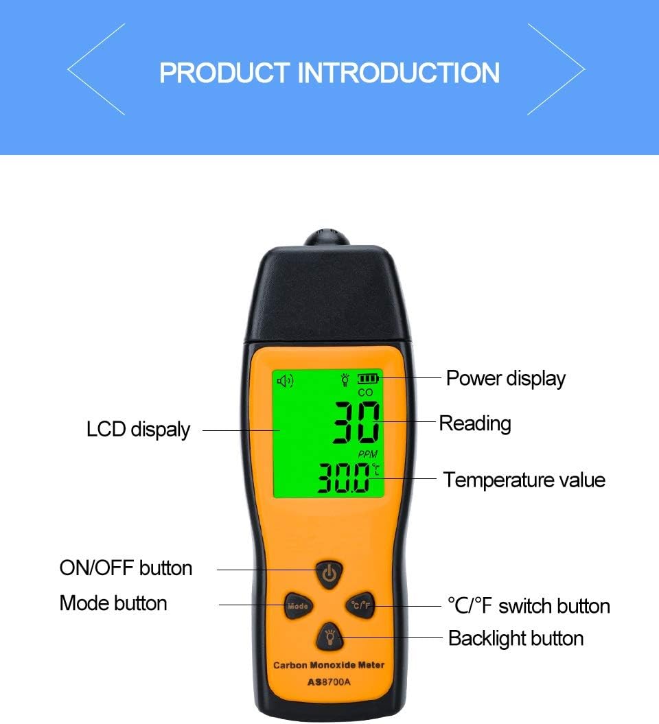 Handheld Carbon Monoxide Meter, Portable CO Gas Detector, 0～1000ppm Range, 1PPM Resolution I111