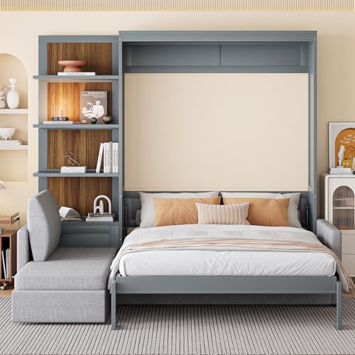 Queen Size Wooden Murphy Bed with Shelves and L-Shape Sofa N54397