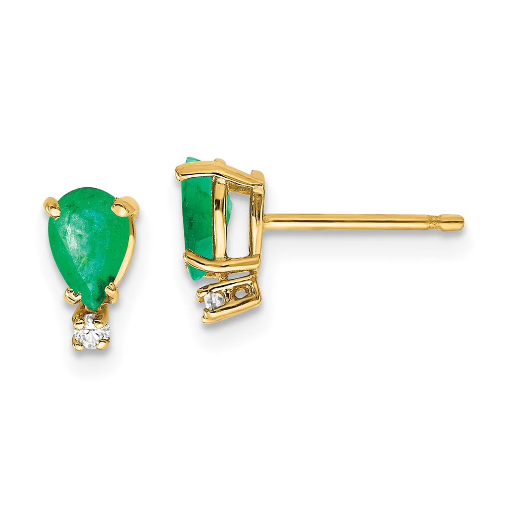 14 Karat Yellow Gold Emerald Diamond Post Earrings A419