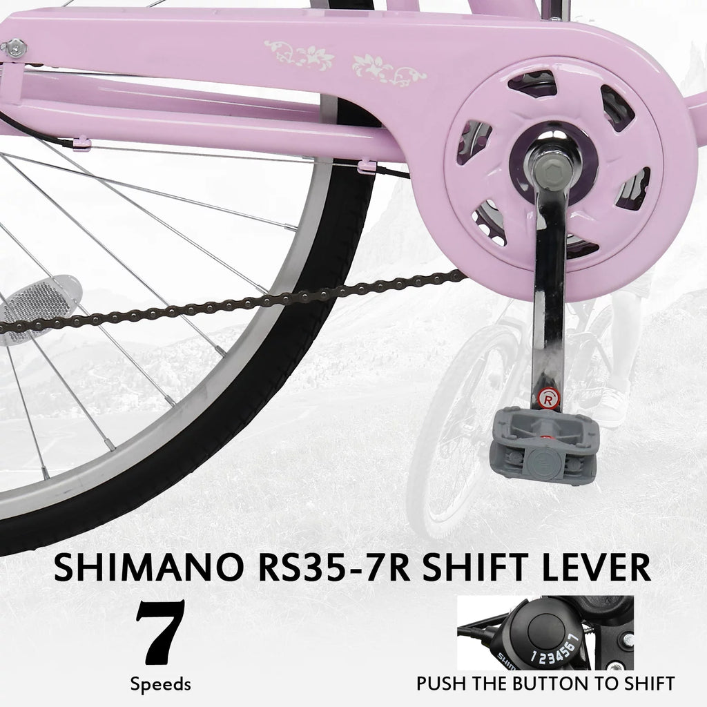 26 inch Commuter Bicycle with 7-speed Baskets Pink V8264