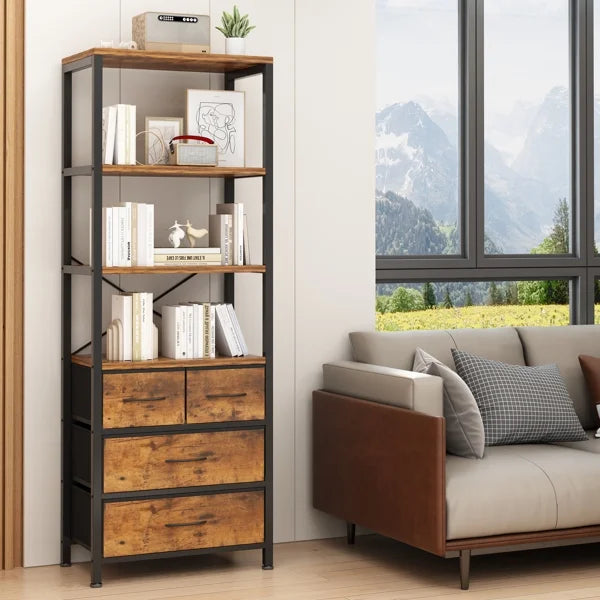 6 Layer Wood & Metal Bookshelf with Drawers J940085