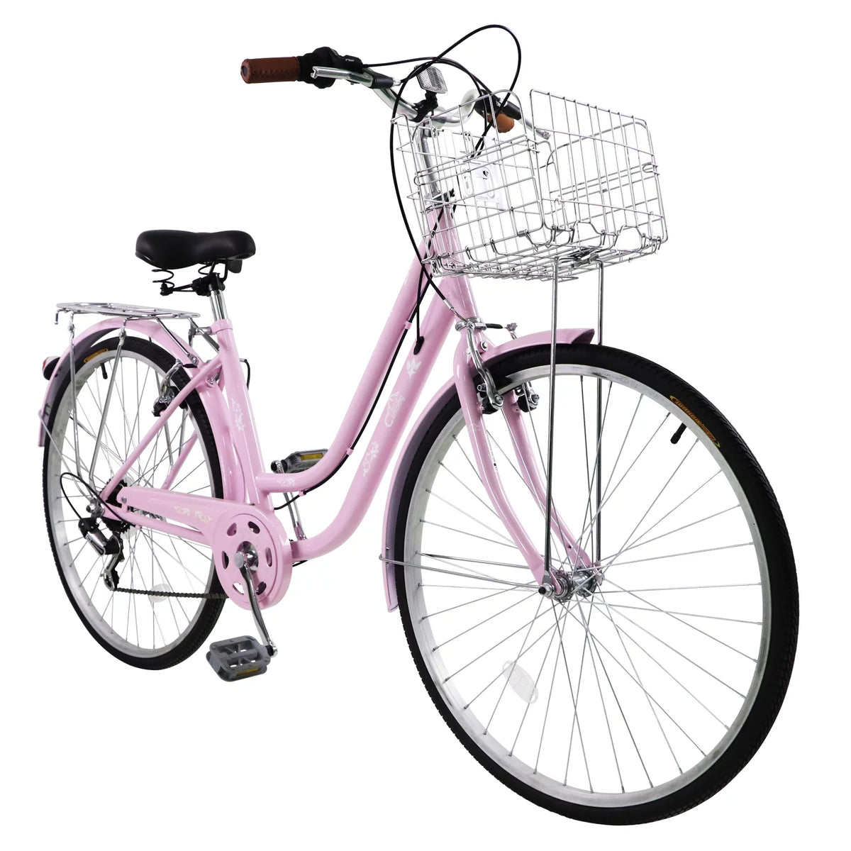 26 inch Commuter Bicycle with 7-speed Baskets Pink V8264