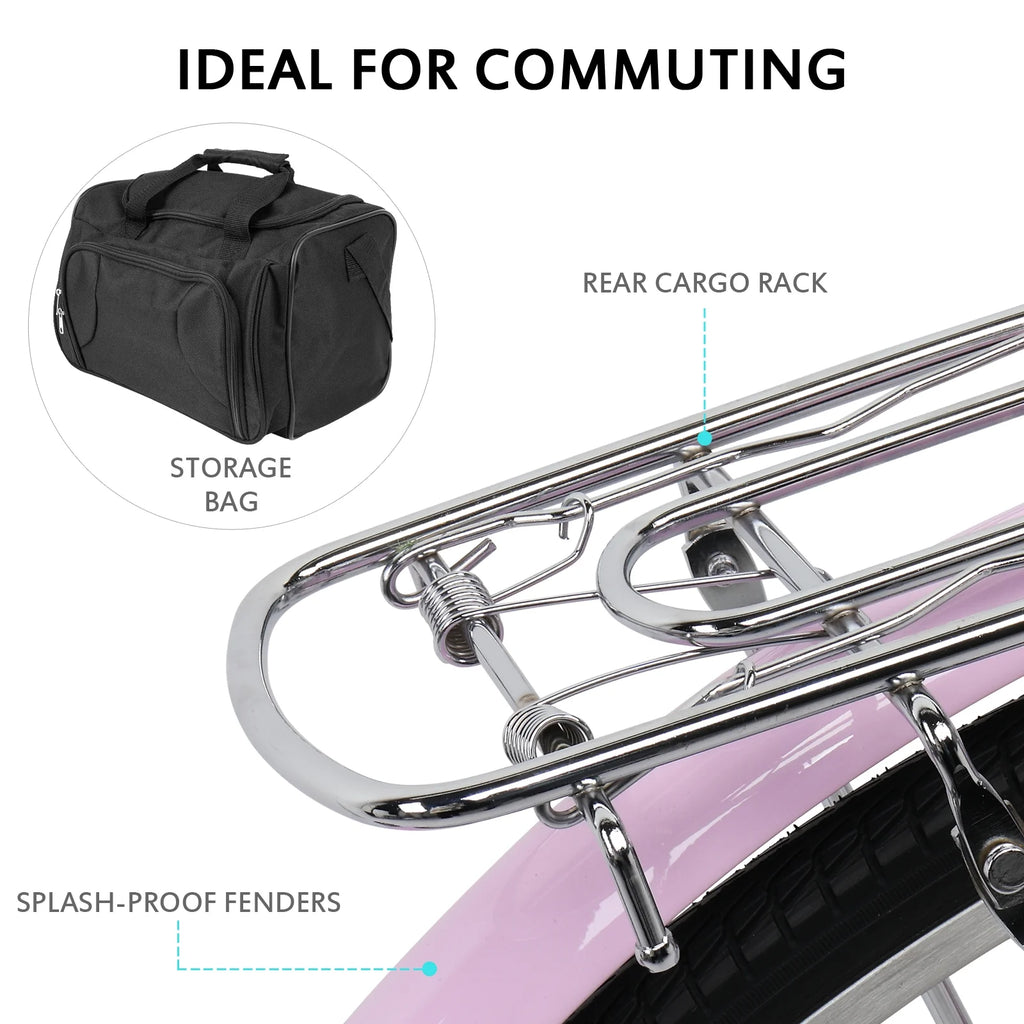 26 inch Commuter Bicycle with 7-speed Baskets Pink V8264