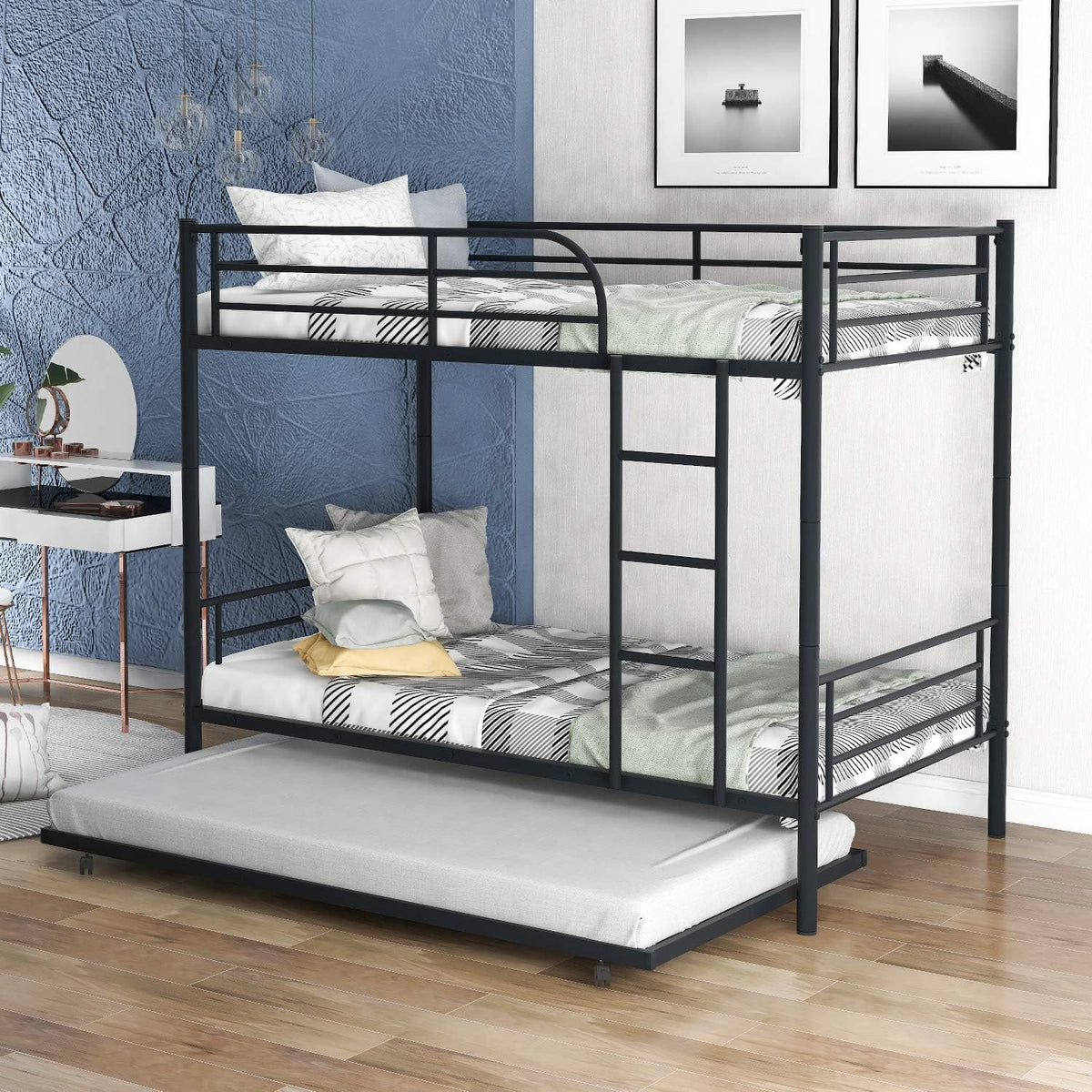 Black Twin Over Twin Metal Bunk Bed with Trundle L5215