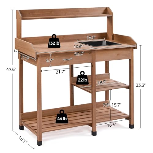 Wood Potting Bench with Sink Drawer Rack Shelves Q170756