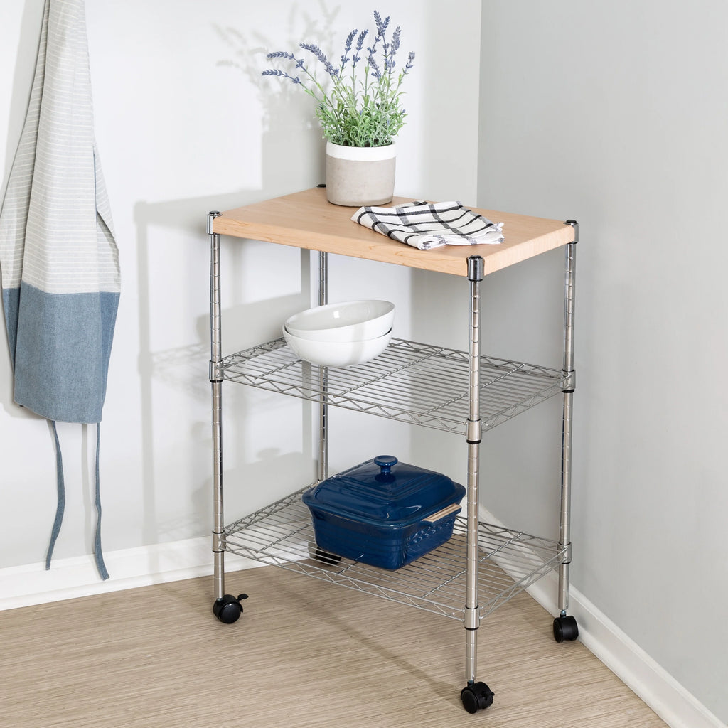 3-Tier Wood and Steel Rolling Kitchen Storage Cart L182742