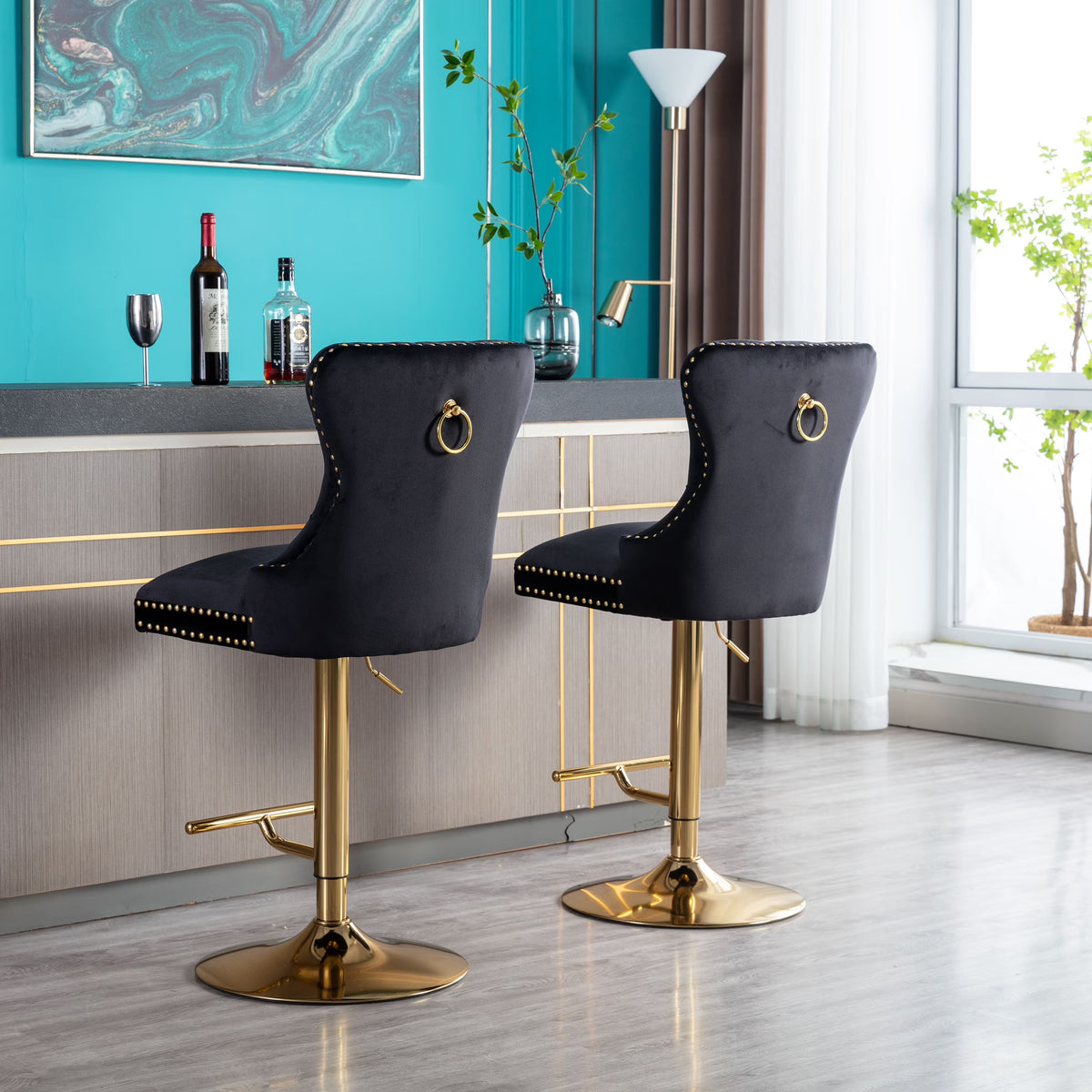 Black Velvet Swivel Bar Stools, Set of 2 E411936
