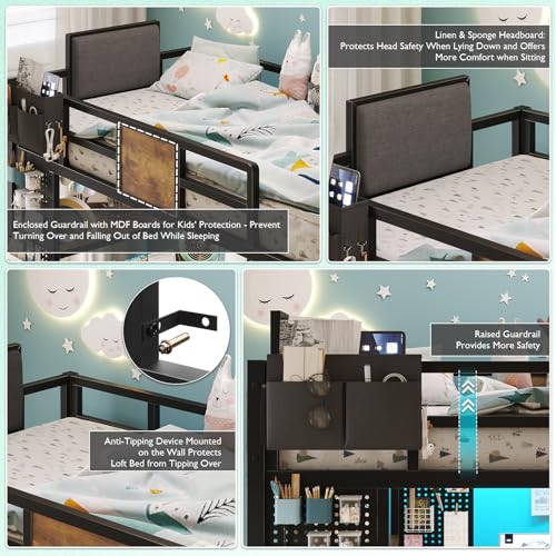 Twin Size Metal Loft Bed with Desk and 5 Drawer M70571
