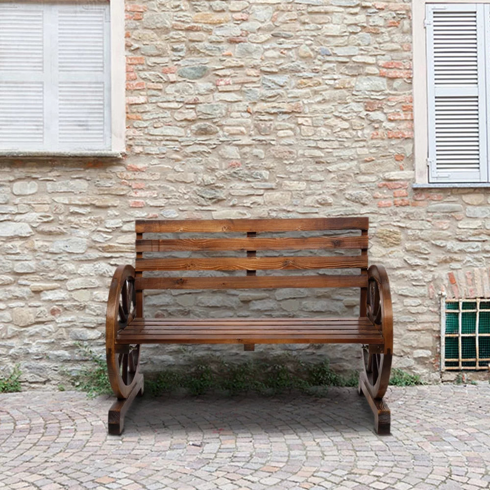 Wooden Wagon Wheel Bench with Backrest D582720