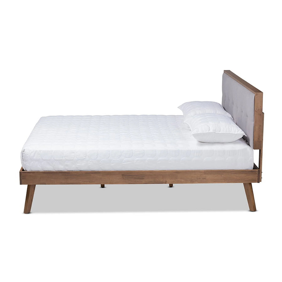 Light Grey Fabric Upholstered Walnut Brown Wood Queen Size Platform Bed O3864