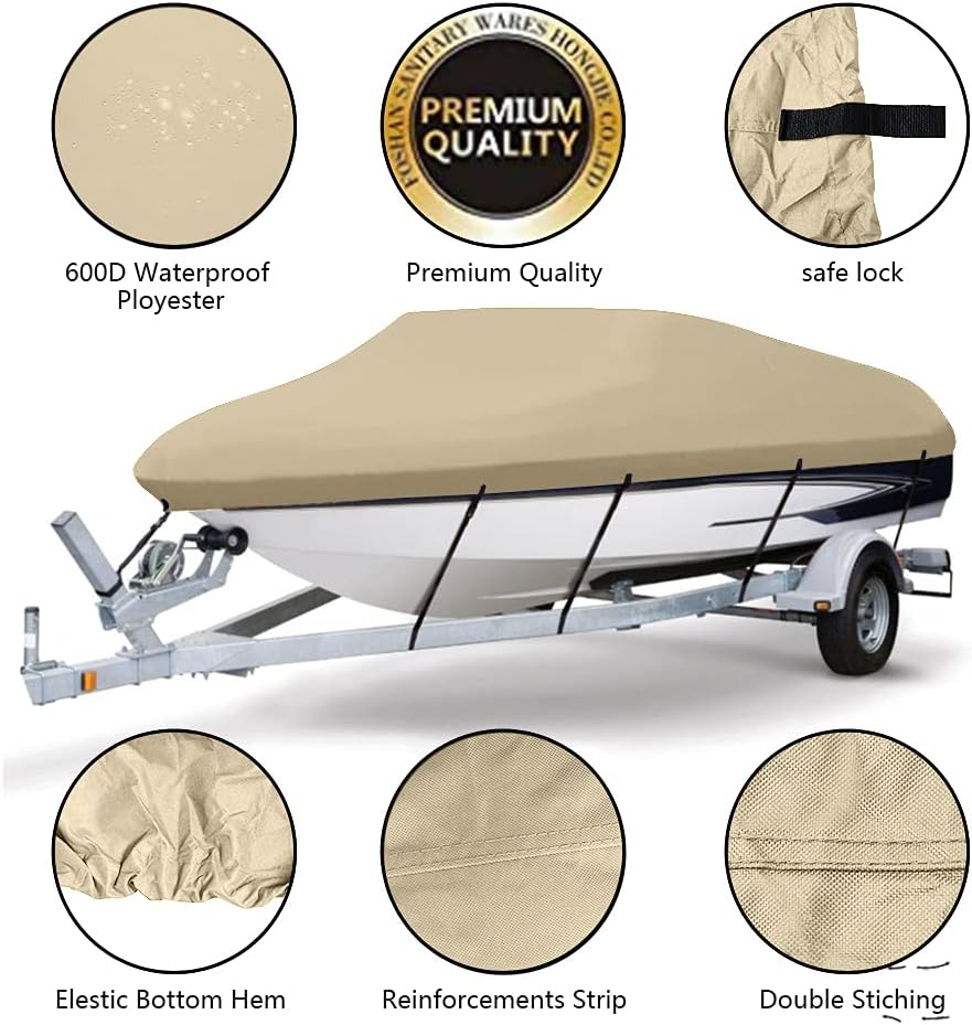Boat Cover 600D Polyester Waterproof UV Resistant, Fits 17-19 feet V-Hull, Beige Pack of 2 G73153