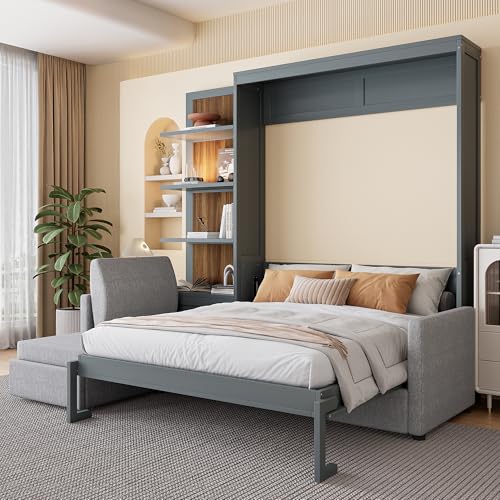 Queen Size Wooden Murphy Bed with Shelves and L-Shape Sofa N54397