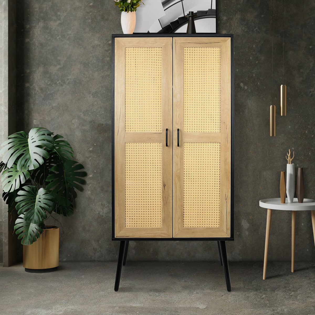 59'' Tall Rustic Storage Cabinet with Shelf Rattan V224