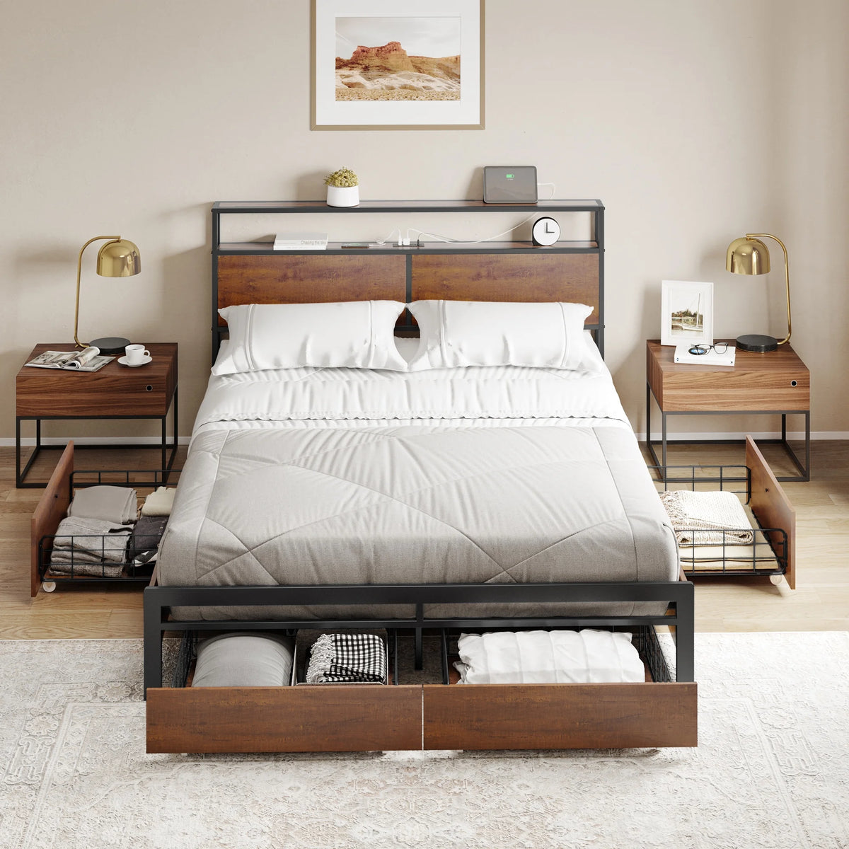 Queen Size Bed Frame with Headboard 4 Drawers LED Charging Station E78612