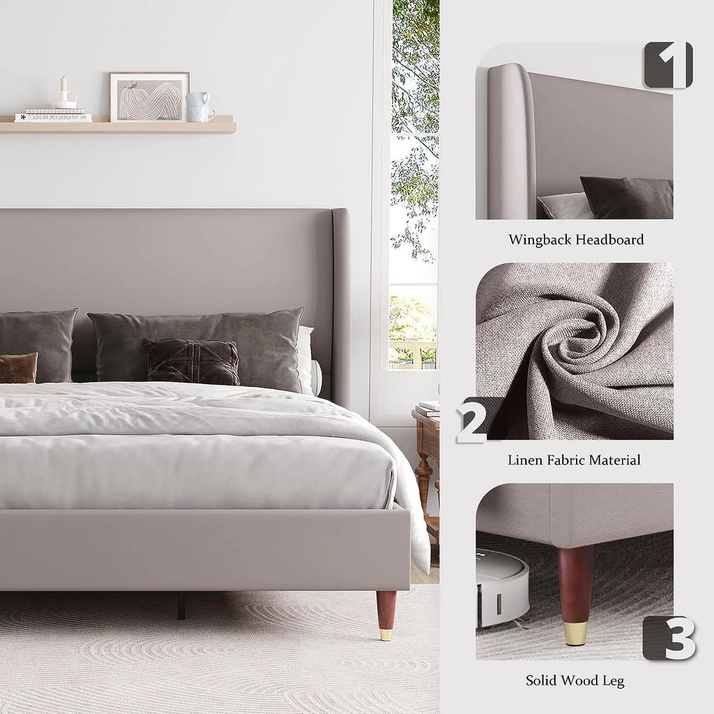 King Size White Linen Upholstered Platform Bed with Wingback Headboard O105617