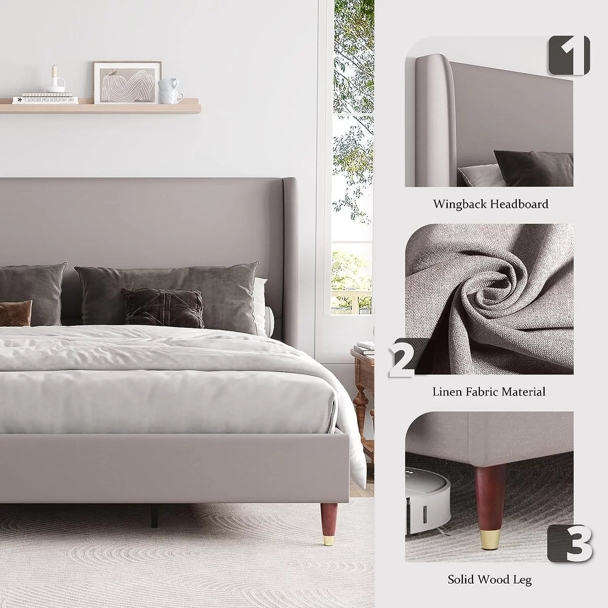 King Size White Linen Upholstered Platform Bed with Wingback Headboard O105617