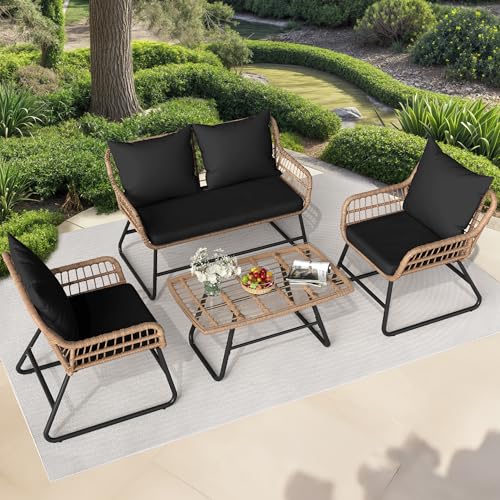 4 Piece Wicker Patio Furniture Set with Cushions and Glass Side Table G432