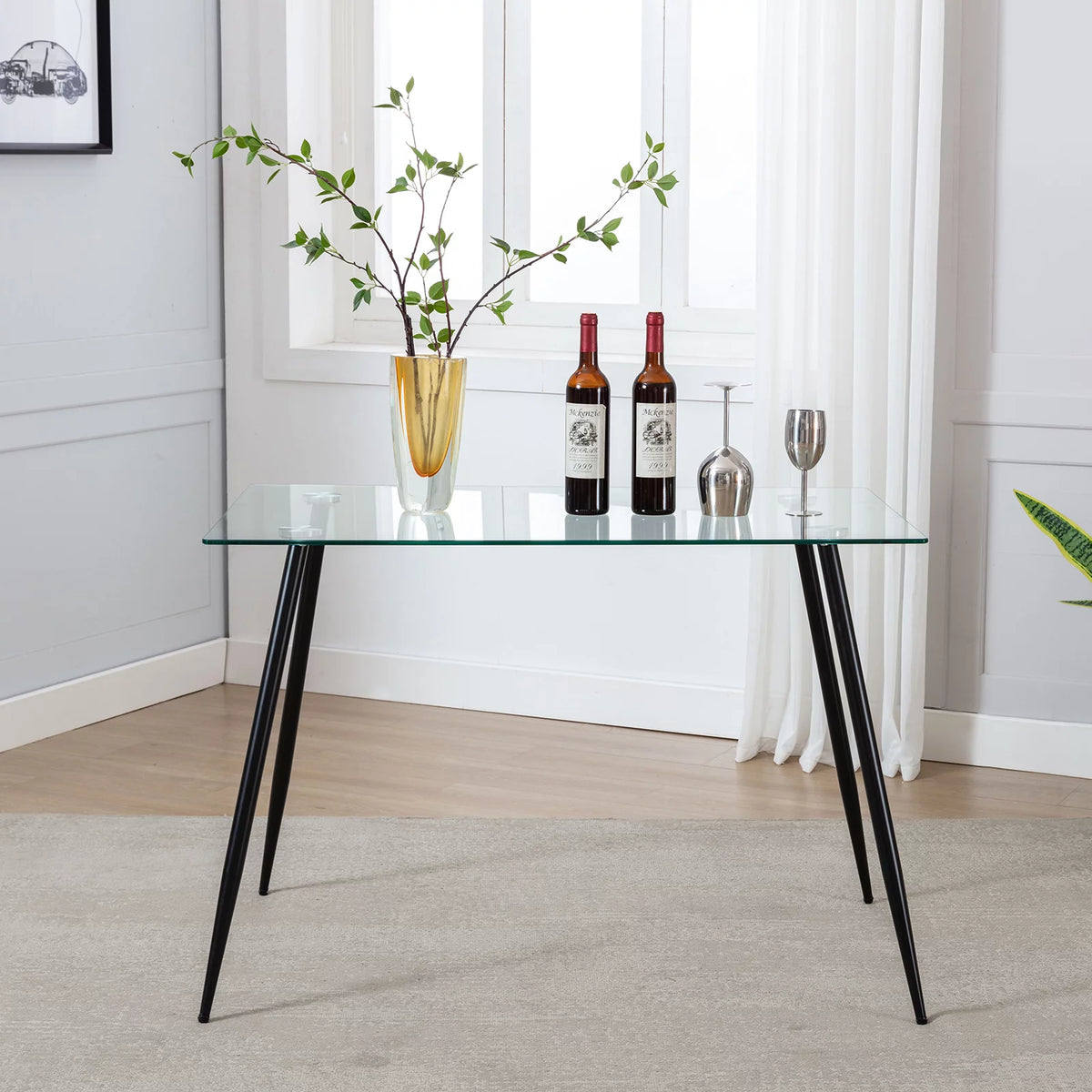Tempered Glass Dining Table with Black Metal Legs O6770