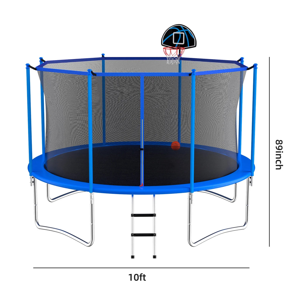 10 Feet Blue Outdoor Trampoline with Basketball Hoop and Safety Enclosure S6556
