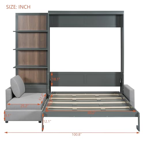 Queen Size Wooden Murphy Bed with Shelves and L-Shape Sofa N54397