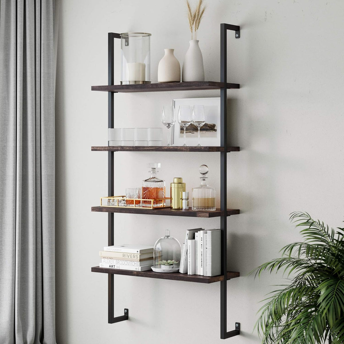 White/Gold 5-Shelf Ladder Bookcase with Metal Frame D755