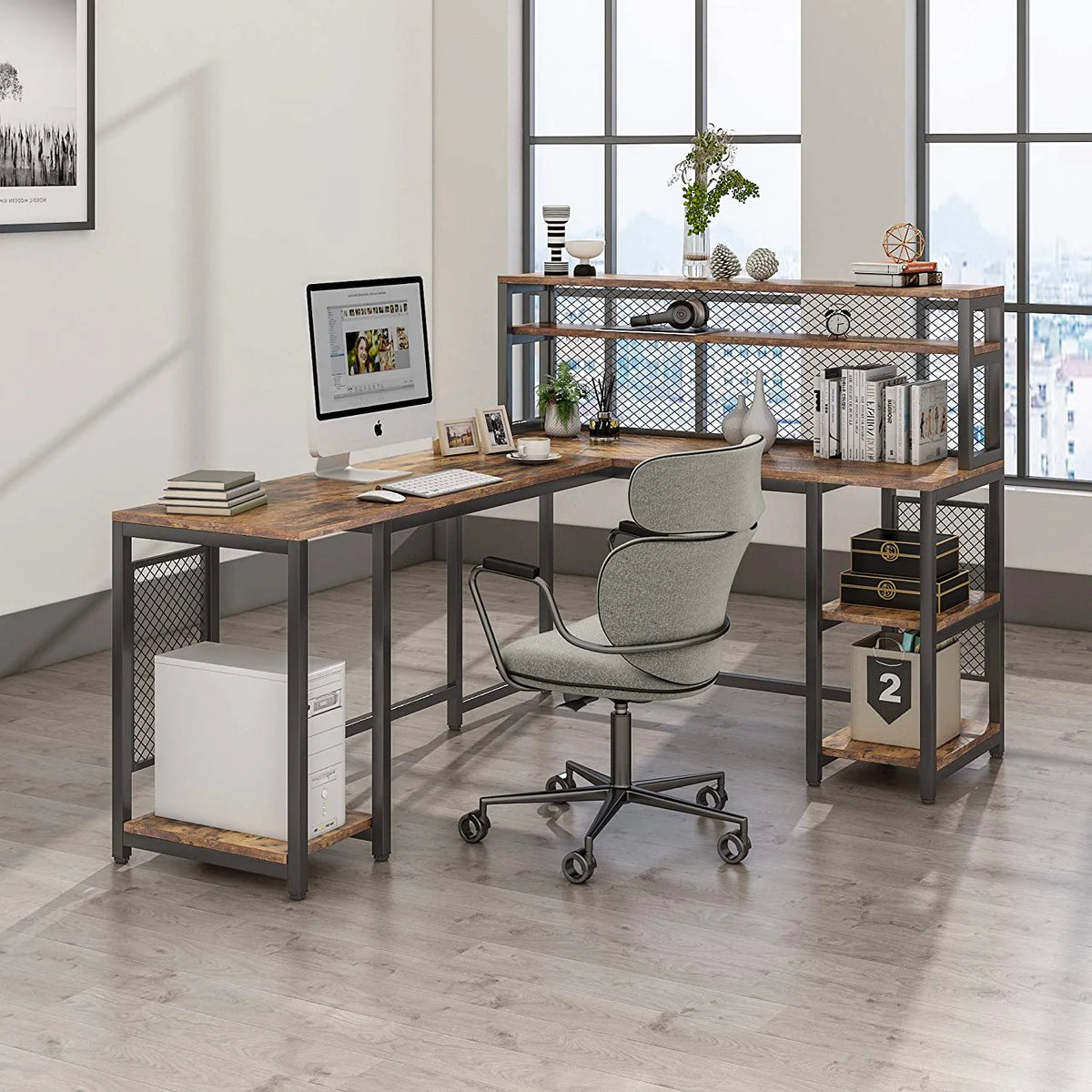 67" Computer Desk with Hutch and 5 Storage Shelves B56861